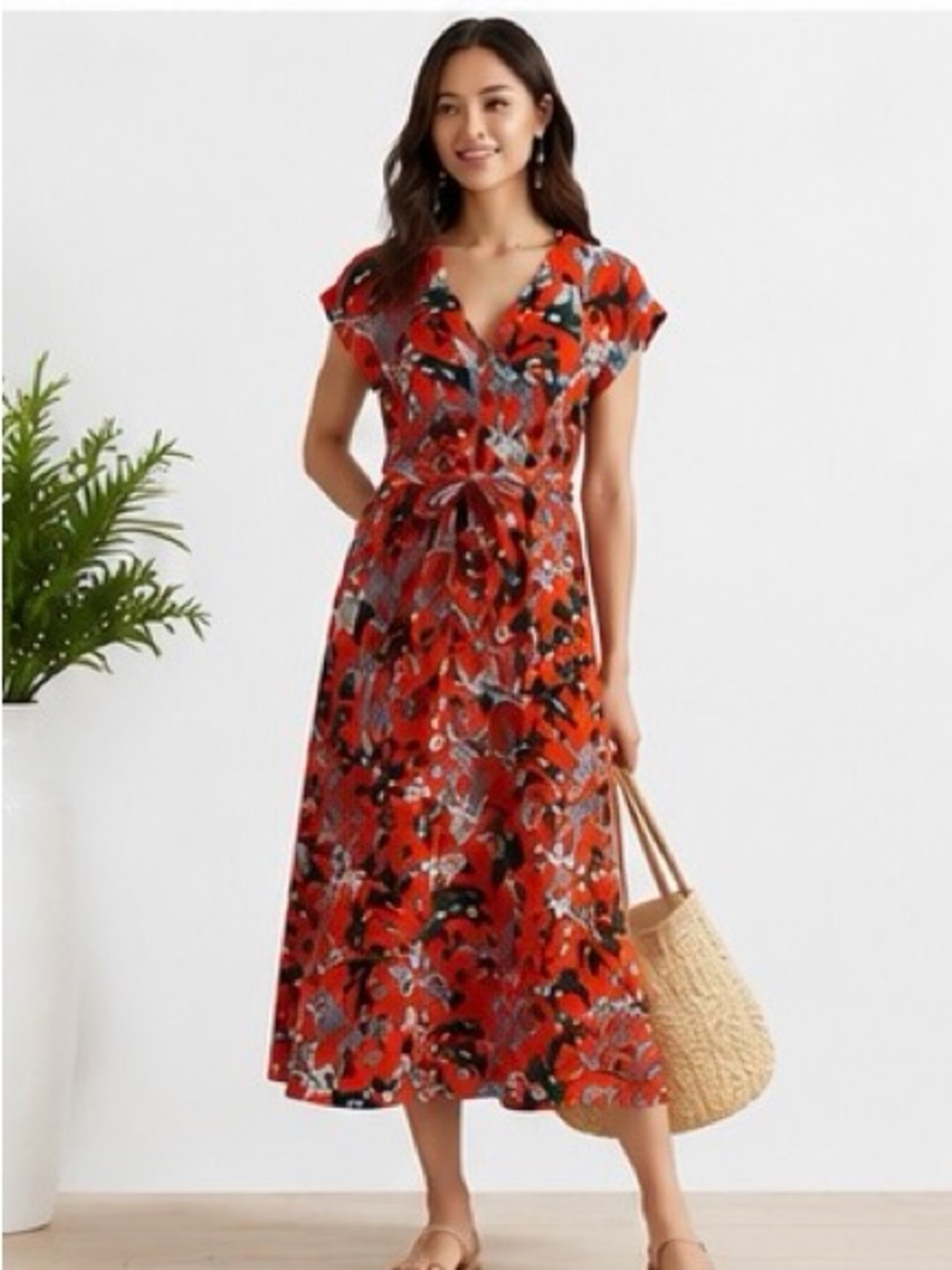 LOFT Coral, navy , multi color Floral Wrap Midi Dress